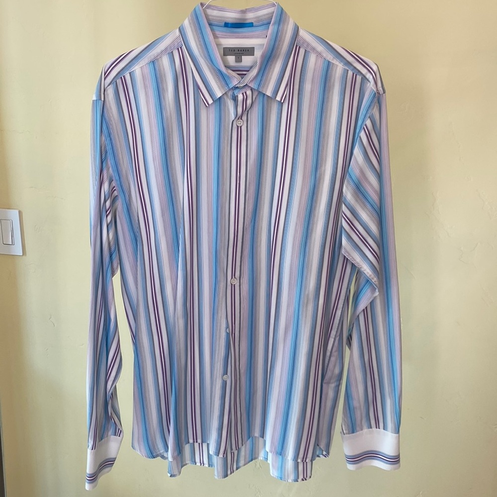 Ted Baker long sleeve striped button down dress shirt, size 7.
